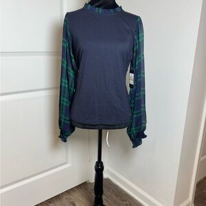 Tommy Hilfiger Navy and Green Plaid Sleeve Blouse / BNWT